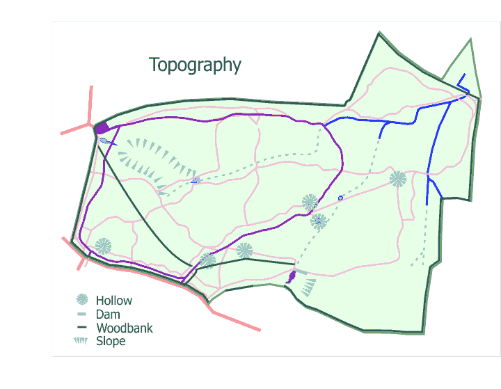 Map showing topographical features
